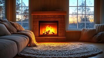 Cozy living room with fireplace and sunset view through the window during winter evening. photo