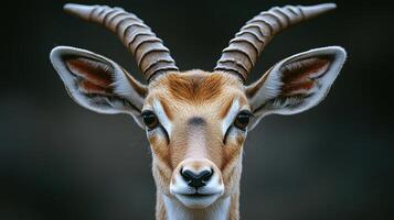 Close encounter with an antelope showcasing impressive horns in natural setting. photo