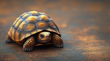 Tortoise walking on textured surface in warm light during daytime. photo