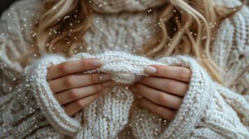 Warm hands in cozy sweater during gentle snowfall in winter landscape. photo