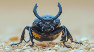 Close-up view of a black rhinoceros beetle in natural habitat on sandy ground at midday. photo