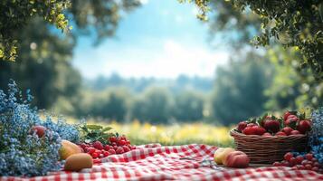 Colorful picnic spread with fruits and flowers in a sunny outdoor setting near a green field. photo
