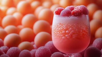 Refreshing fruit beverage served in glass with colorful spheres in the background at a summer festival. photo
