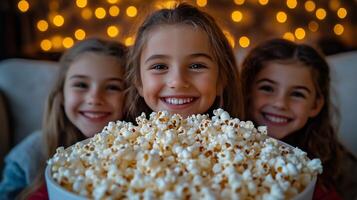 Smiling children enjoy popcorn during a cozy movie night at home surrounded by warm fairy lights. photo