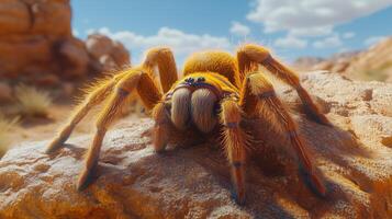 Bright tarantula resting on a rock in a rocky desert landscape during daytime. photo