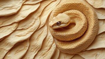 Coiled desert snake resting on textured sandy surface at midday. photo