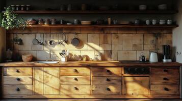 rústico cocina con de madera armarios y calentar luz de sol esclarecedor el espacio. foto