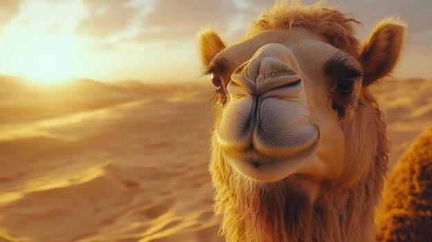 Camel in the desert at sunset with golden sand and warm light. photo