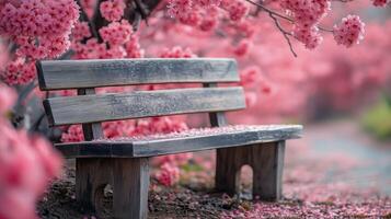 Beautiful blossom-lined path with a wooden bench in a serene park setting. photo