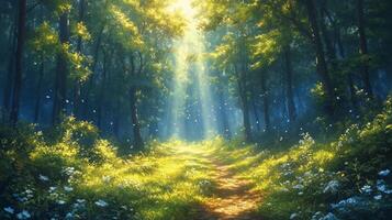 Light filters through trees in a tranquil forest path during early morning hours. photo