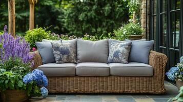 Outdoor wicker sofa surrounded by blooming flowers in a serene garden setting. photo