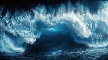 Powerful ocean waves crash dramatically against the shore at dusk. photo