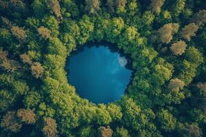 Circular lake surrounded by dense green forest captured from above during sunny daylight. photo