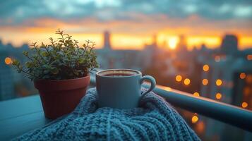 Relaxing morning on a balcony with coffee and a sunrise view over the city skyline. photo