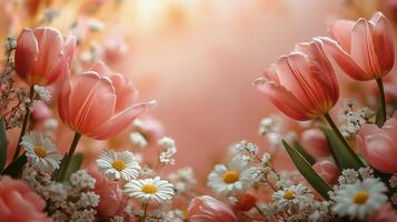 Pink tulips and white daisies bloom in a vibrant garden at sunrise. photo