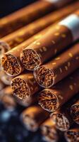 Tobacco rolls arranged in neat piles with rich brown textures and detailed interior view. photo