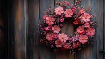 Beautiful floral wreath on a wooden wall bringing a touch of nature indoors. photo