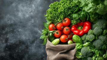 Fresh vegetables displayed in a burlap bag on a textured surface in a natural setting. photo
