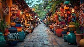 Vibrant artisan market filled with colorful pottery and lanterns in an outdoor setting. photo