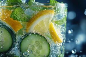 Refreshing beverage with lemon and cucumber slices in sparkling water. photo