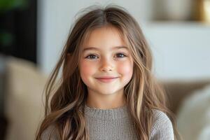 Young girl with long hair smiles warmly in cozy indoor setting at home. photo