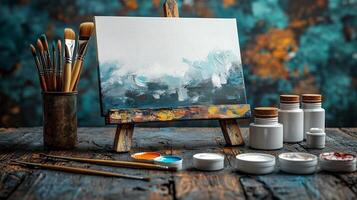Creative workspace with paint supplies and an unfinished canvas on a rustic wooden table. photo