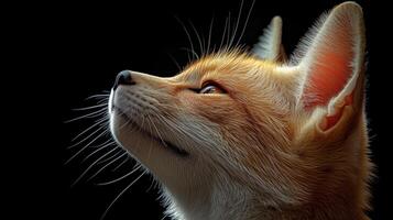 Curious fennec fox gazing upward against a dark background at dusk. photo