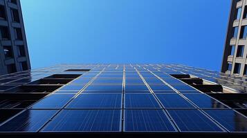 Modern architecture reflects blue sky with solar panels on building's facade in urban setting. photo