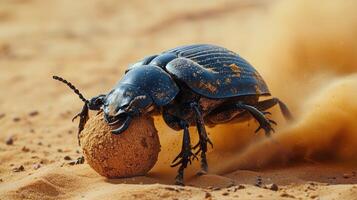 Desert beetle rolls dung ball across sandy terrain during midday sun. photo