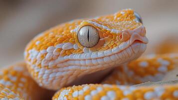 Colorful orange snake close-up showing intricate scales and unique eye detail in natural habitat. photo