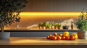 Fresh vegetables and fruits on a kitchen countertop during evening light. photo