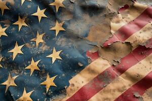Weathered American flag with visible wear and tear against rustic backdrop. photo