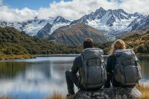 Couple resting by tranquil lake with majestic mountains in the background on a clear day. photo