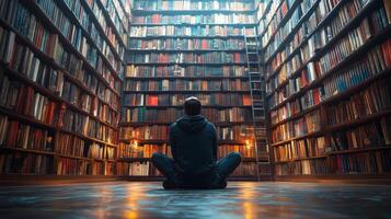 Individual sits in contemplation surrounded by towering shelves of books in a quiet library. photo