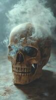 Mysterious skull surrounded by swirling smoke in an atmospheric setting. photo