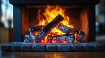 Warm flames dance in a cozy fireplace creating a relaxing atmosphere in the living room. photo