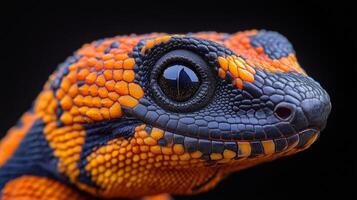 Vibrant orange and black lizard close-up showcasing intricate scales and large eye. photo