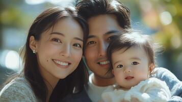 Happy family enjoying a sunny day outdoors with their joyful baby in a park setting. photo