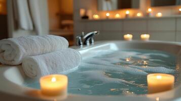 Relaxing bubble bath setup with candles and fresh towels in a serene bathroom atmosphere. photo
