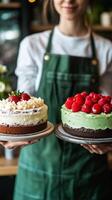Delicious cakes displayed by a baker in a cozy cafe during afternoon hours. photo