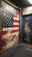 USA flag mural on a weathered brick wall in an urban hallway. photo
