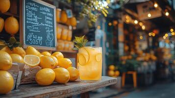 Refreshing lemon drink served with fresh lemons in a vibrant market setting during the day. photo