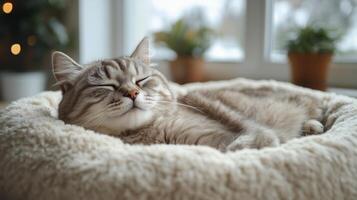 Cozy cat napping peacefully in a warm basket by the window on a winter day. photo