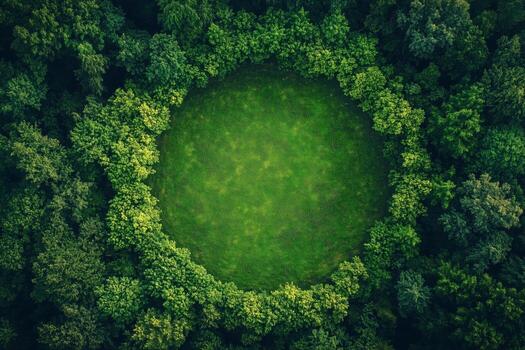 Green circular clearing surrounded by dense forest from above during daylight. photo