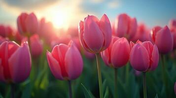Vibrant pink tulips bloom beautifully in a field during sunset hours. photo