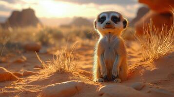 Meerkat stands alert in the golden light of sunset in a desert landscape. photo