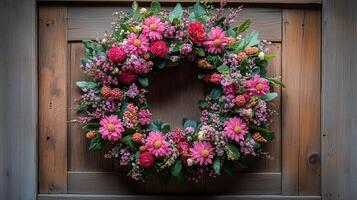 Beautiful floral wreath on a rustic wooden door in bright colors and vibrant textures. photo