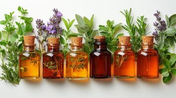 Assorted bottles of essential oils and fresh herbs arranged on a white background. photo