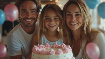 Family celebration with cake and balloons in a cozy indoor setting. photo