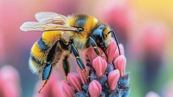 Bumblebee collecting nectar from pink flower during bright spring day in a garden. photo